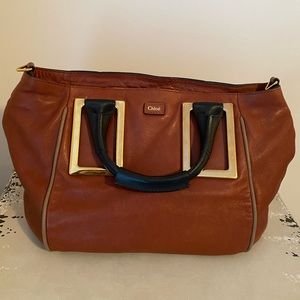 Chloe camel satchel with black handles